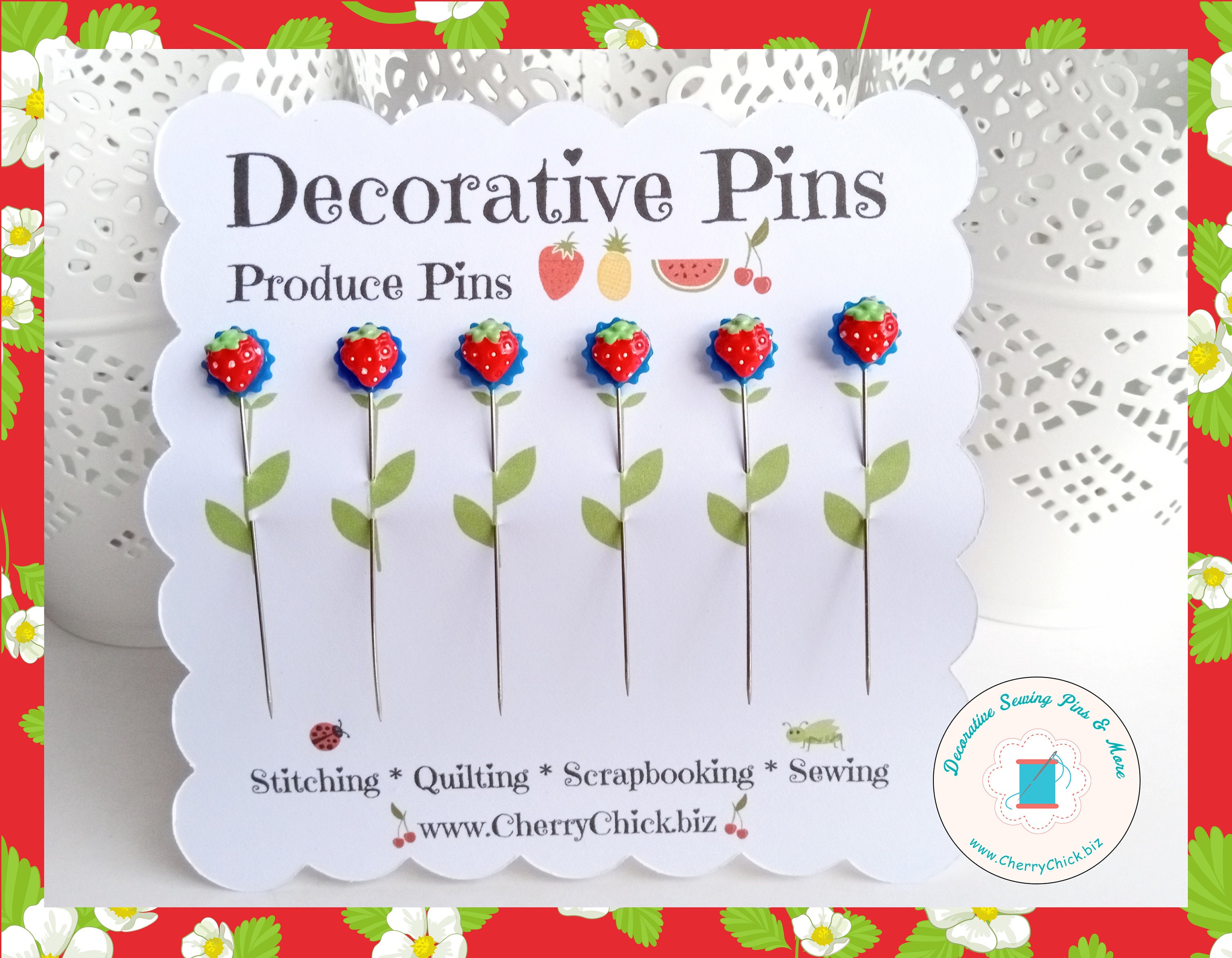 Strawberry Sewing Pins - Embellishment Pins - Gift for Quilters - Decorative  Pins - Scrapbooking Pins - Quilting Pins - Pincushion Pins