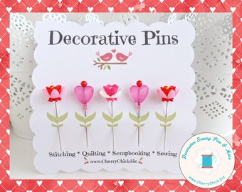 Valentine Flower Pins - Sewing Pin - Gift for Quilters - Decorative Sewing Pins - Sewing gifts - Quilting Pins -  Heart Sewing Pins