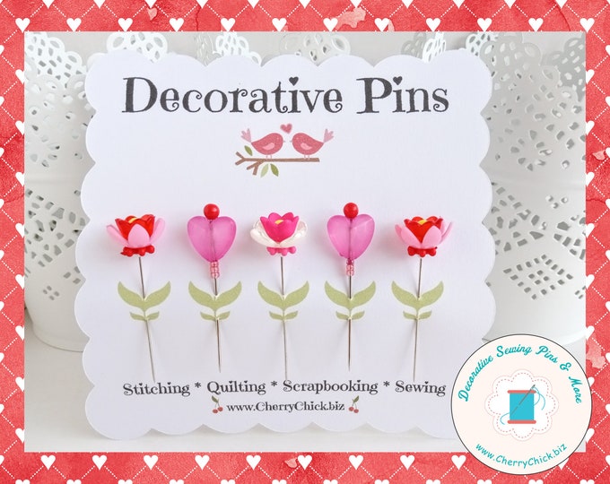 Featured listing image: Valentine Flower Pins - Sewing Pin - Gift for Quilters - Decorative Sewing Pins - Sewing gifts - Quilting Pins -  Heart Sewing Pins