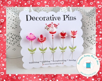 Sewing Pins - Valentine Flower Pins - Gift for Quilters - Decorative Sewing Pins - Sewing gifts - Quilting Pins -  Fairy Garden decor