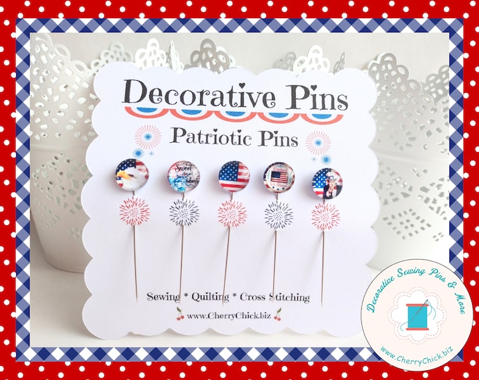 Featured listing image: Patriotic Sewing Pins - Red, White, Blue Sewing Pins - Decorative Sewing Pin - Counting Pin - Gift for Quilters - Sewing Gifts - Flag Pins