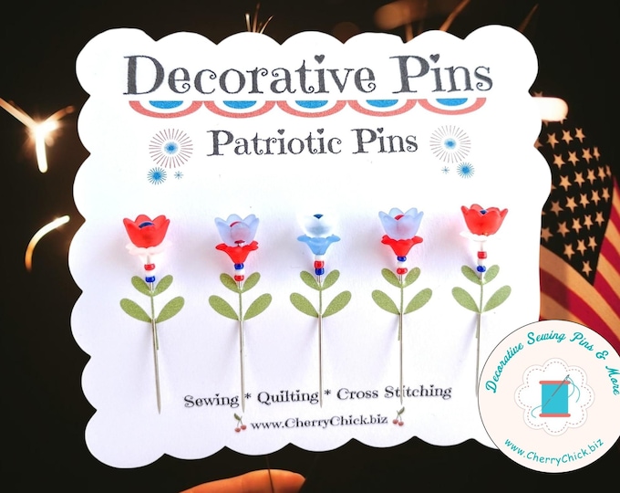 Featured listing image: Patriotic Sewing Pins - Red, White, Blue Sewing Pins - Decorative Sewing Pins