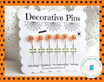 Halloween Sewing Pins - Decorative Sewing Pins - Fall Pins - Handmade Pins - Autumn Sewing Pins - Gifts for Quilters - Pumpkin Sewing Pins