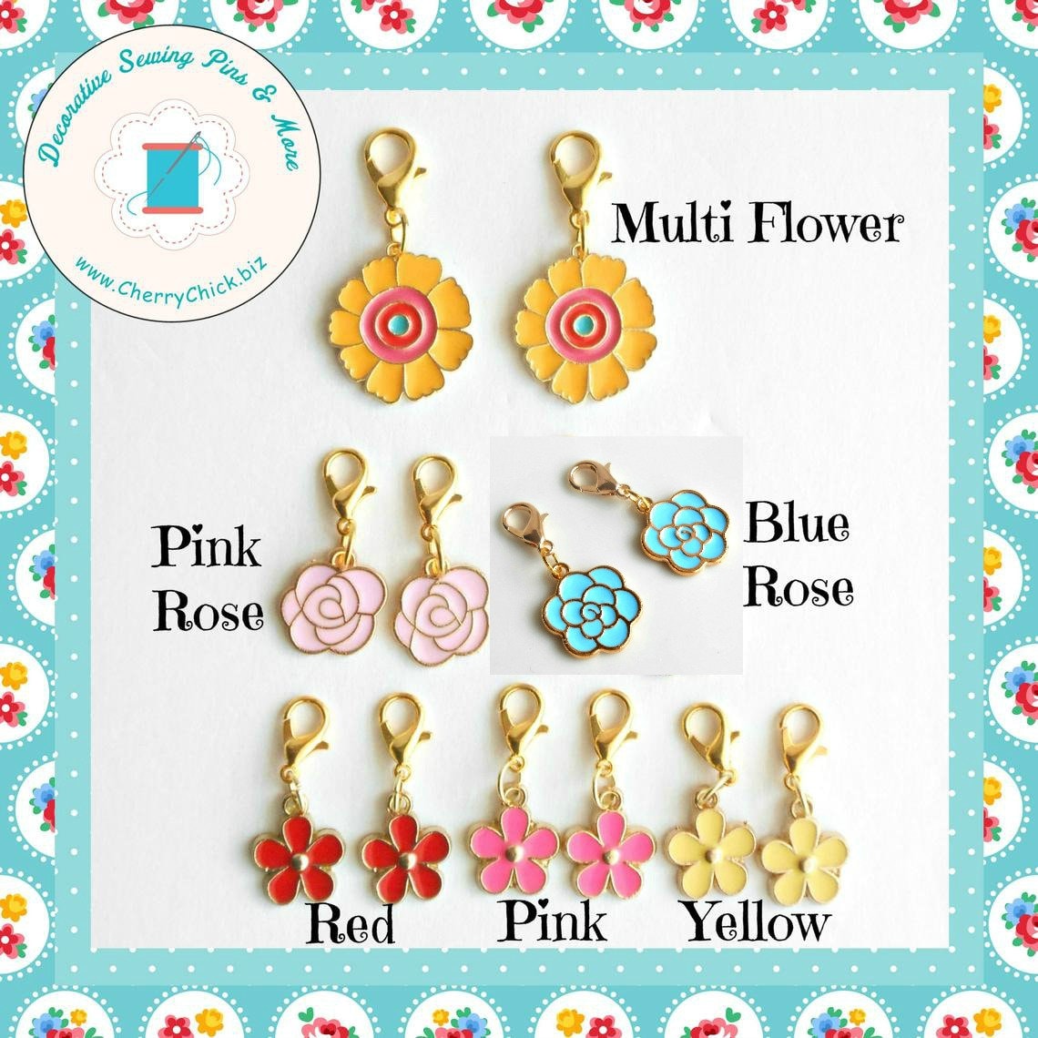 Flower zipper charm pair - Rose zipper pull pair - Flower Planner