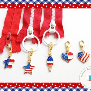Patriotic zipper charm - Heart zipper pull - Patriotic Planner Charm - Patriotic Bag Charm - Red, White, & Blue zipper charms