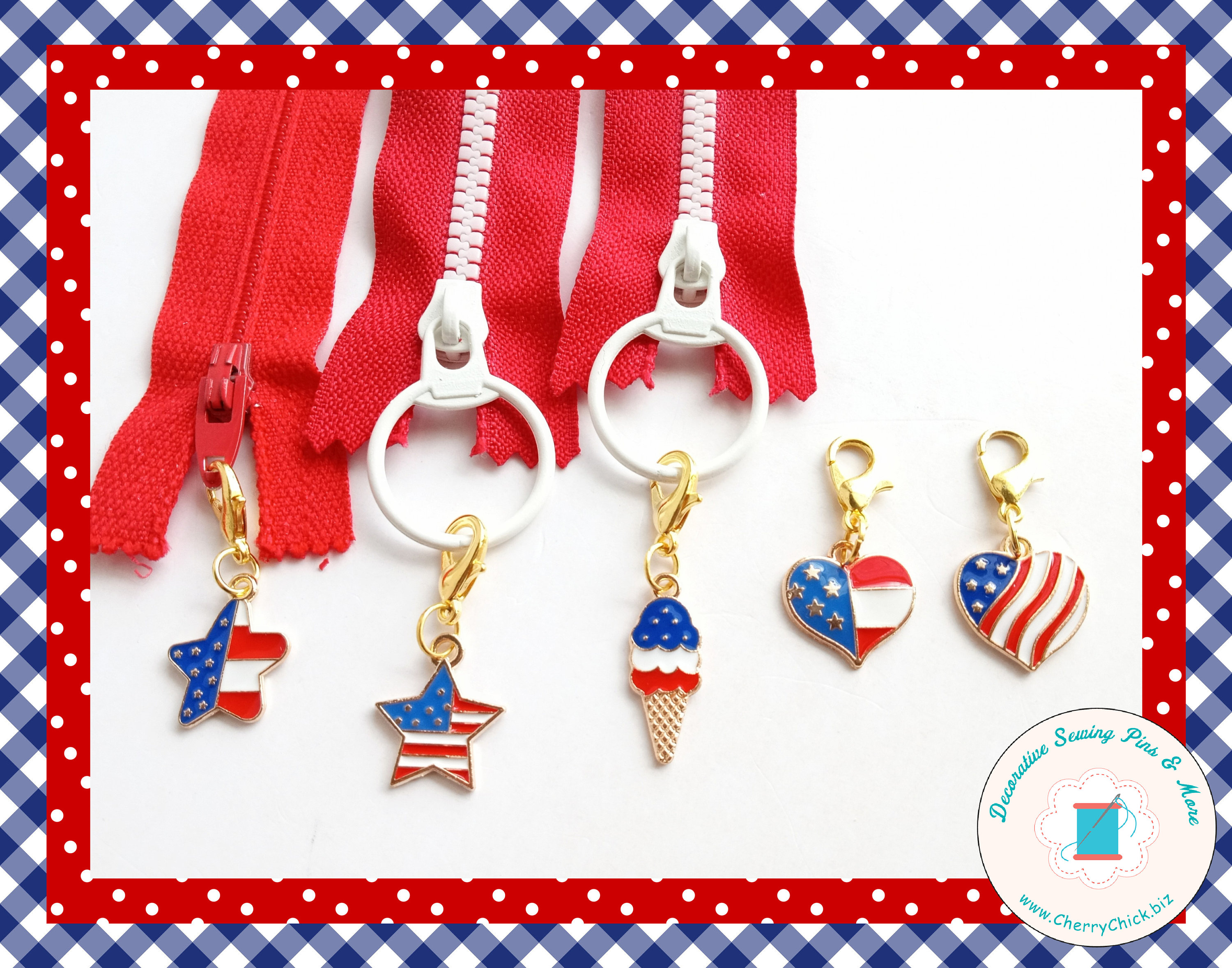 Patriotic zipper charm - Heart zipper pull - Patriotic Planner Charm -  Patriotic Bag Charm - Red, White, & Blue zipper charms