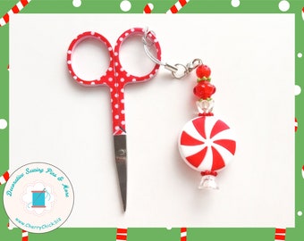 Peppermint Candy Scissors Fob - Scissors Minder - Planner Charm - Gift for Quilter - Purse Charm - Beaded Zipper Pull - Gift for Seamstress