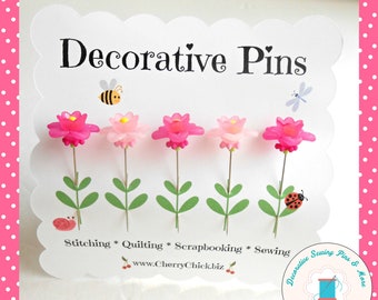 Sewing Pins - Flower Pins - Gift for Quilters - Decorative Sewing Pins - Pretty Pins - Scrapbooking Pins - Quilting Pins -  Pincushion Pins