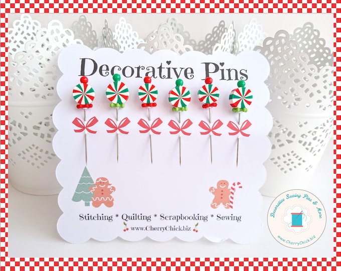 Featured listing image: Peppermint Candy Sewing Pins: Christmas Quilting Gifts - Set of 6