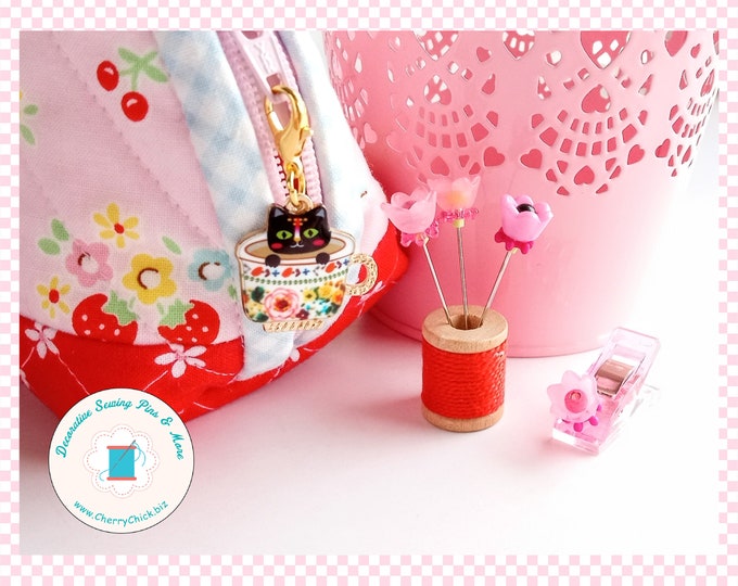 Featured listing image: Cat teacup zipper charm - Cat zipper pull - Kitty zipper pull - Cat Planner Charm - Cat charm - Kitty planner charm - Gifts for quilter