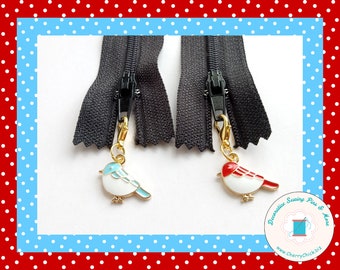 Bird zipper charm pair - Bird zipper pull pair - Bird Planner Charms - Bird Quilted bag charms - Blue Bird Bag Charm - Red Bird zipper Charm