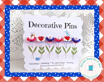 Patriotic Sewing Pins - Red, White, Blue Sewing Pins - Decorative Sewing Pins - Garden Pins - Gift for Quilters - Sewing Gifts - Flower Pins