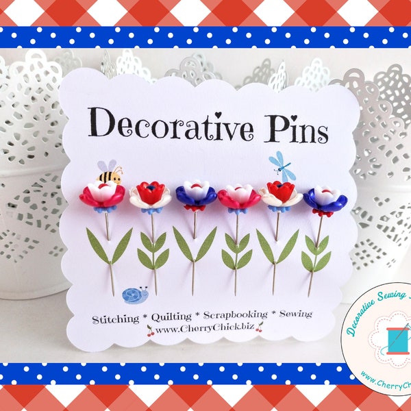 Patriotic Sewing Pins - Red, White, Blue Sewing Pins - Decorative Sewing Pins - Garden Pins - Gift for Quilters - Sewing Gifts - Flower Pins