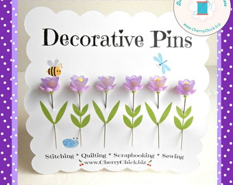 Purple Sewing Pins - Gift for Quilters - Decorative Pins - Pretty Pins - Fancy Pins - Scrapbooking Pins - Quilting Pins -  Pincushion Pins