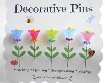Floral Sewing Pins: Handmade Decorative Quilting Pins, Set of 5