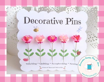 Pink Sewing Pins - Flower Pins - Decorative Sewing Pins - Pretty Pins - Counting Pins - Quilting Pins -  Pincushion Pins - Pink Floral Pins