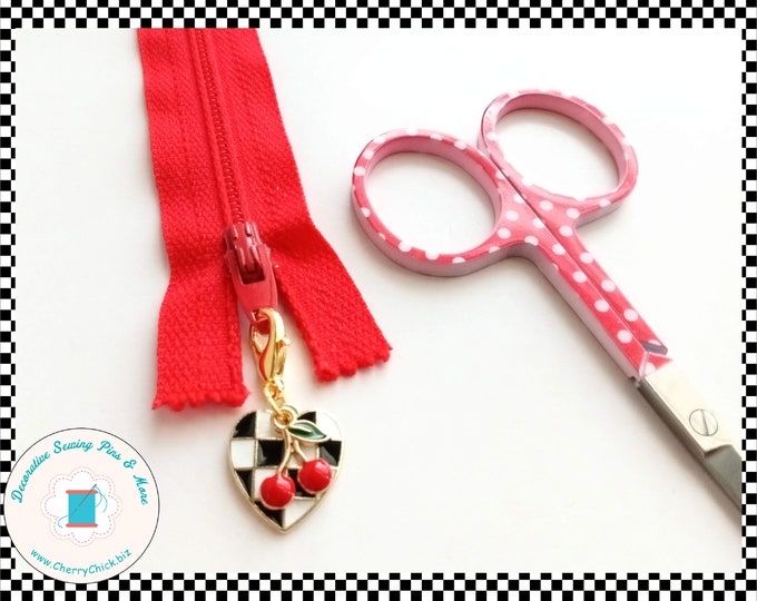 Featured listing image: Cherry & Checks zipper charm - Cherry zipper pull - Cherry Planner Charm - Cherry Bag Charm - Cherries - Gifts for Quilter - Cherry Charm