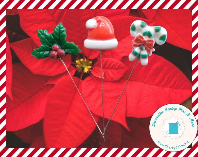 Featured listing image: Christmas Sewing Pins - Holiday Sewing Pins - Candy Cane Sewing Pins - Mistletoe Sewing Pins - Santa Hat sewing Pins - Counting pins