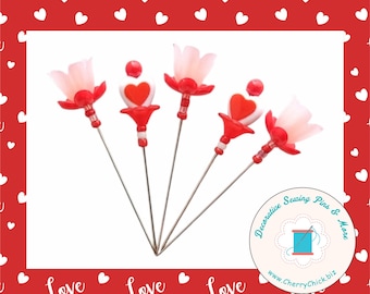 Valentine Flower Pins - Sewing Pin - Gift for Quilters - Decorative Sewing Pins - Sewing gifts - Quilting Pins -  Heart Sewing Pins