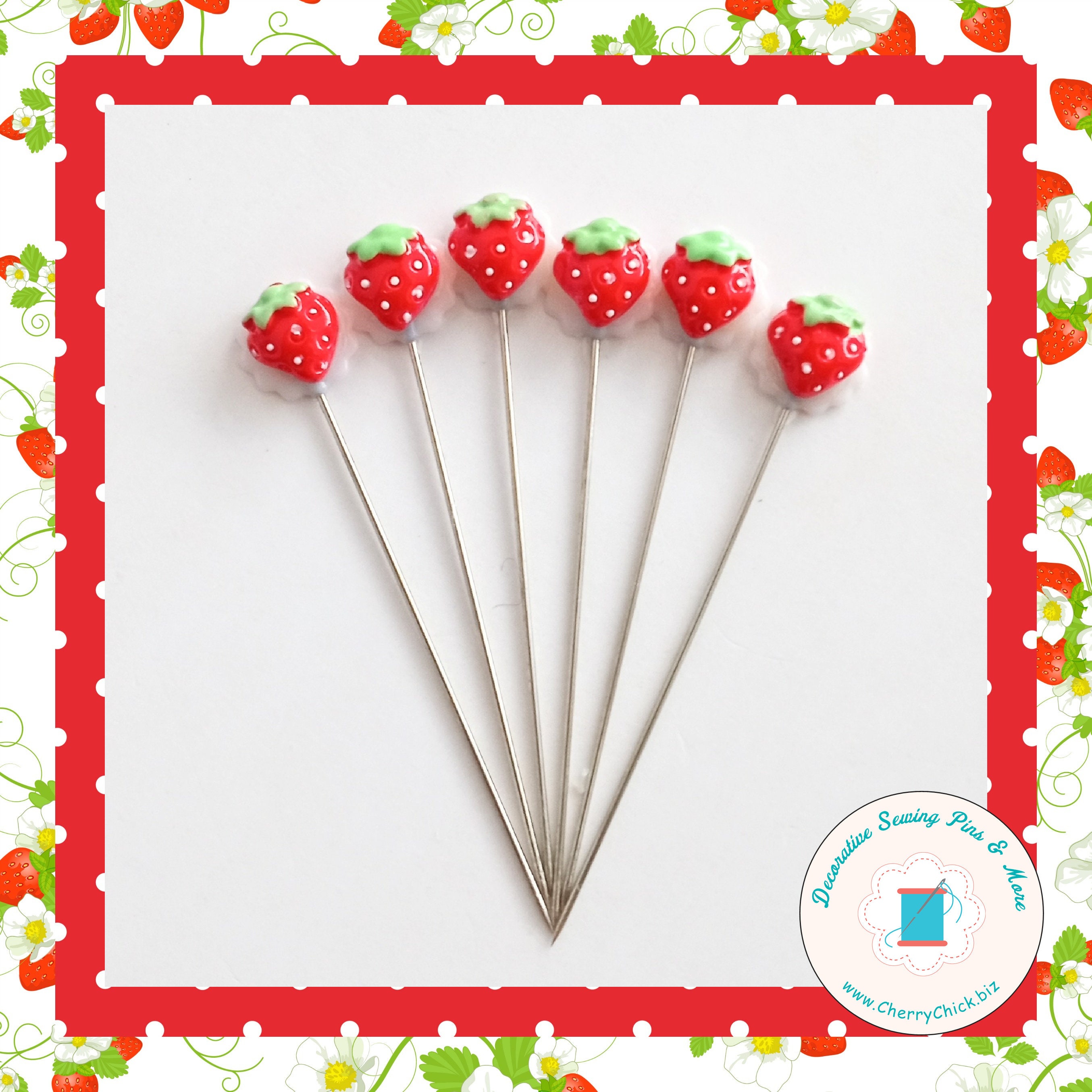 Strawberry Sewing Pins - Embellishment Pins - Gift for Quilters -  Decorative Pins - Scrapbooking Pins - Quilting Pins - Pincushion Pins