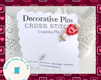 Valentine Counting Pin - Heart Counting Pin - Gift for Cross Stitchers - Decorative Pin - Marking Pin - Heart lampwork - Pokey Tool