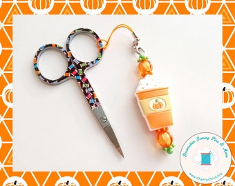 Pumpkin Spice Latte Scissor fob - Scissors Minder - Pumpkin Spice - Purse Charm - Beaded Zipper Pull - Gift for Seamstress