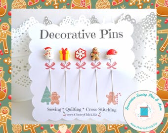 Christmas Sewing Pins - Decorative Sewing Pins - Holiday Sewing Pins - Handmade Pins - Santa Sewing Pins - Reindeer Pins - Candy Cane Pins