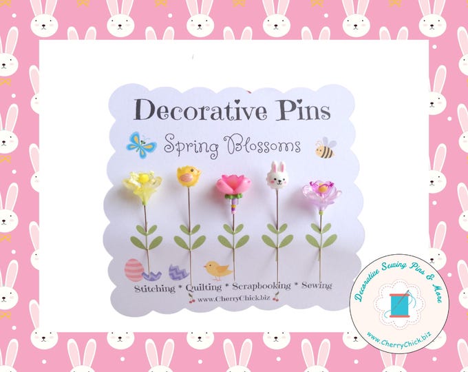 Featured listing image: Spring Sewing Pins - Easter Sewing Pins - Decorative Sewing Pins - Easter Pins - Bird Sewing Pin - Bunny Sewing Pins - Easter Counting Pin