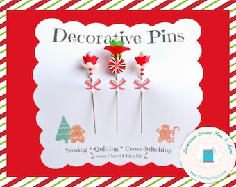Handmade Christmas Sewing Pins: Peppermint candy floral pins - Set of 3