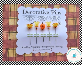 Decorative Halloween Pins - Jack o' Lantern Pins - Decorative Sewing Pins - Quilting Pins - Autumn Pins - Gift for Quilters - Fall Pins