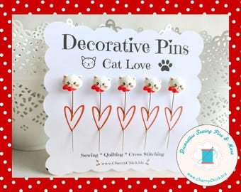 Cat Face Decorative Sewing Pins - Cat with Red Bow Counting Pin - Quilter Gift - Cross Stitch Gift