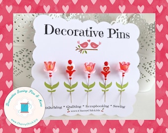 Valentine Flower Pins - Sewing Pin - Gift for Quilters - Decorative Sewing Pin- Sewing gift- Quilting Pin - Heart Sewing Pin - Retreat gifts