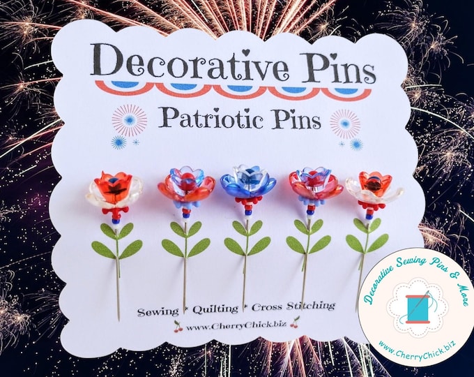 Featured listing image: Patriotic Sewing Pins - Red, White, Blue Sewing Pins - Decorative Sewing Pins