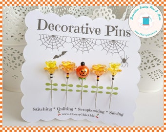 Decorative Halloween Pins - Jack o' Lantern Pins - Decorative Sewing Pins - Quilting Pins - Autumn Pins - Gift for Quilters - Fall Pins