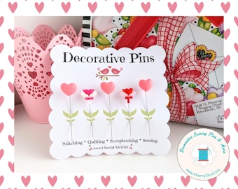 Valentine Flower Pins - Sewing Pin - Gift for Quilters - Decorative Sewing Pins - Sewing gifts - Quilting Pins -  Heart Sewing Pins