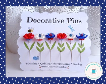 Patriotic Sewing Pins - Red, White, Blue Sewing Pins - Decorative Sewing Pins - Garden Pins - Gift for Quilters - Sewing Gifts - Flower Pins