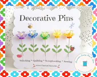 Sewing Pins - Flower Pins - Gift for Quilter - Decorative Sewing Pins - Pretty Pins - Rainbow Sewing Pins - Quilting Pins -  Pincushion Pins