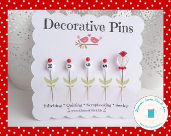 Decorative Valentine Pins - Heart Pins - Decorative Sewing Pins - Quilting Pins - Hugs Pins - Gift for Quilters