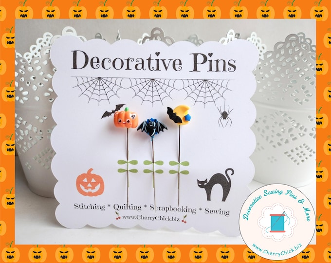 Featured listing image: Halloween Decorative Sewing Pins: Pumpkin, Bat, Moon - Quilting Accessories