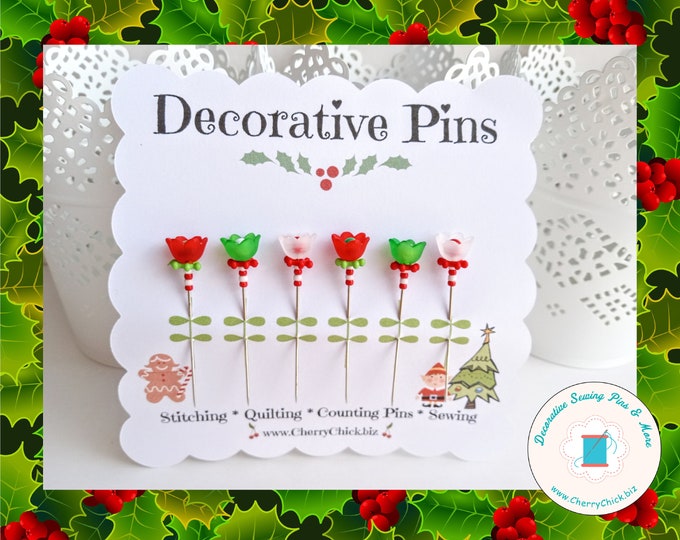 Featured listing image: Christmas Sewing Pins - Decorative Sewing Pins - Holiday Sewing Pins - Pretty Pins -  Sewing Gifts - Bulletin Board Pin - Gift for Quilters