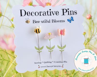 Bee Butterfly Flower Sewing Pin - Decorative Sewing Pins - Butterfly Pin - Handmade Pin - Bee Sewing Pin - Spring Sewing Pins