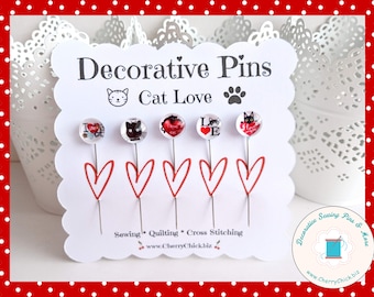 Valentine Cat Sewing Pin - Decorative Sewing Pins - I Love My Cat Pin - Cat Sewing Pins - Gifts for Quilters - Cross Stitch Counting Pins