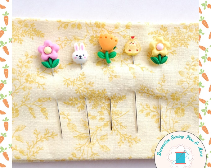 Featured listing image: Easter Sewing Pins - Decorative Sewing Pins - Easter Pins - Spring Sewing Pins - Rabbit Sewing Pins - Bunny Sewing Pins - Yellow chick pin