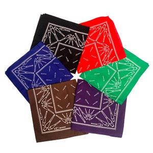 May include: Six bandanas with a white design of a set of juggling pins on a dark blue, brown, green, purple, black, and red background.