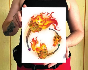 May include: A white print with two orange and yellow cats on fire, with a black rope tied around them in a circle. The cats are facing each other and have a playful expression.