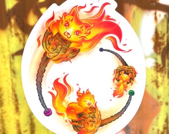 May include: Two orange and yellow fire cats are swinging on a rope with a knot at each end. The cats are on fire and have a white background.