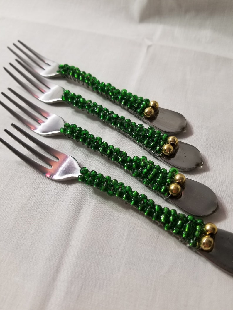 Green and Gold Beaded Fruit Forks