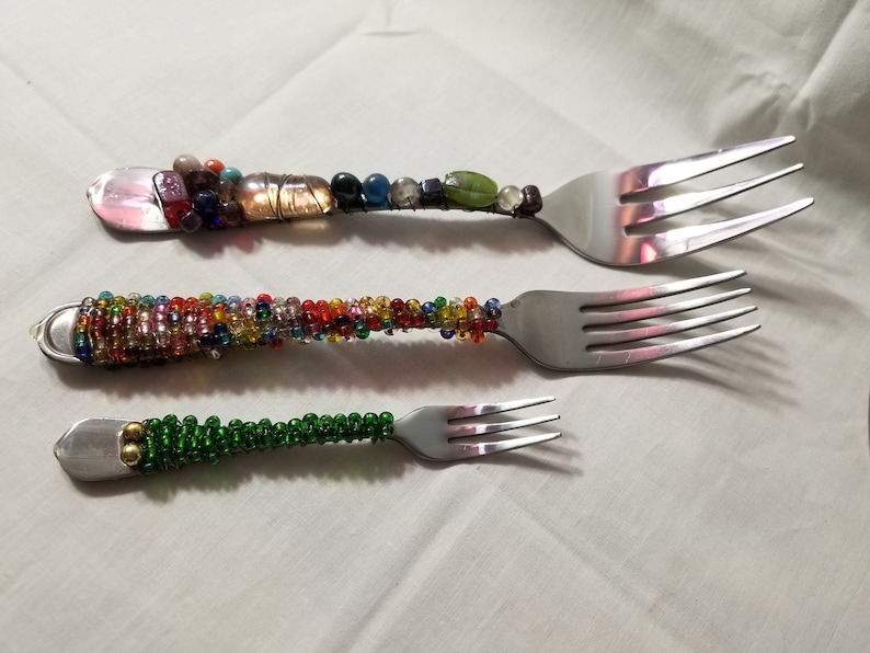Green and Gold Beaded Fruit Forks
