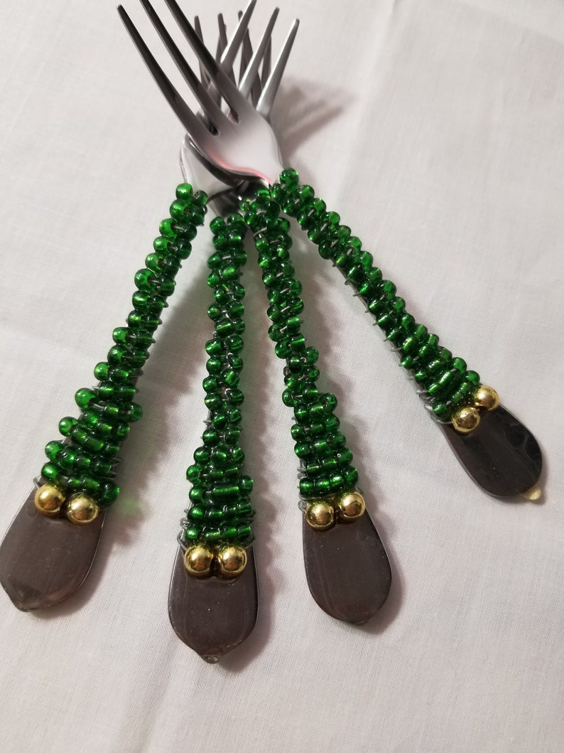 Green and Gold Beaded Fruit Forks