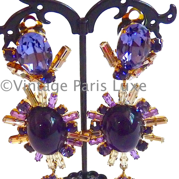 PHILIPPE FERRANDIS PARIS Purple Crystal and Poured Glass Long Drop Earrings, Vintage French Jewelry, Valentine's Gift for Her